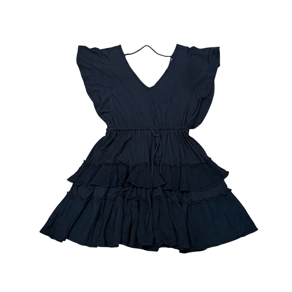 Free People Black Ruffle Tiered Mini‎ Dress Flutter Sleeve Small S Resort Beach